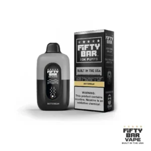 Butterbean Fifty Bar 20K Puffs Black Series disposable vape showcasing the Butterbean flavor, sleek Black Series design, and high-capacity 20,000-puff format for extended vaping sessions.