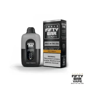 Gold Tobacco Fifty Bar 20K Puffs Black Series disposable vape featuring a rich classic tobacco flavor profile, sleek Black Series styling, and a high-capacity 20,000-puff design.