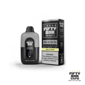 Vanilla Custard Fifty Bar 20K Puffs Black Series disposable vape featuring a rich and creamy vanilla custard flavor profile, sleek Black Series design, and high-capacity 20,000-puff format.
