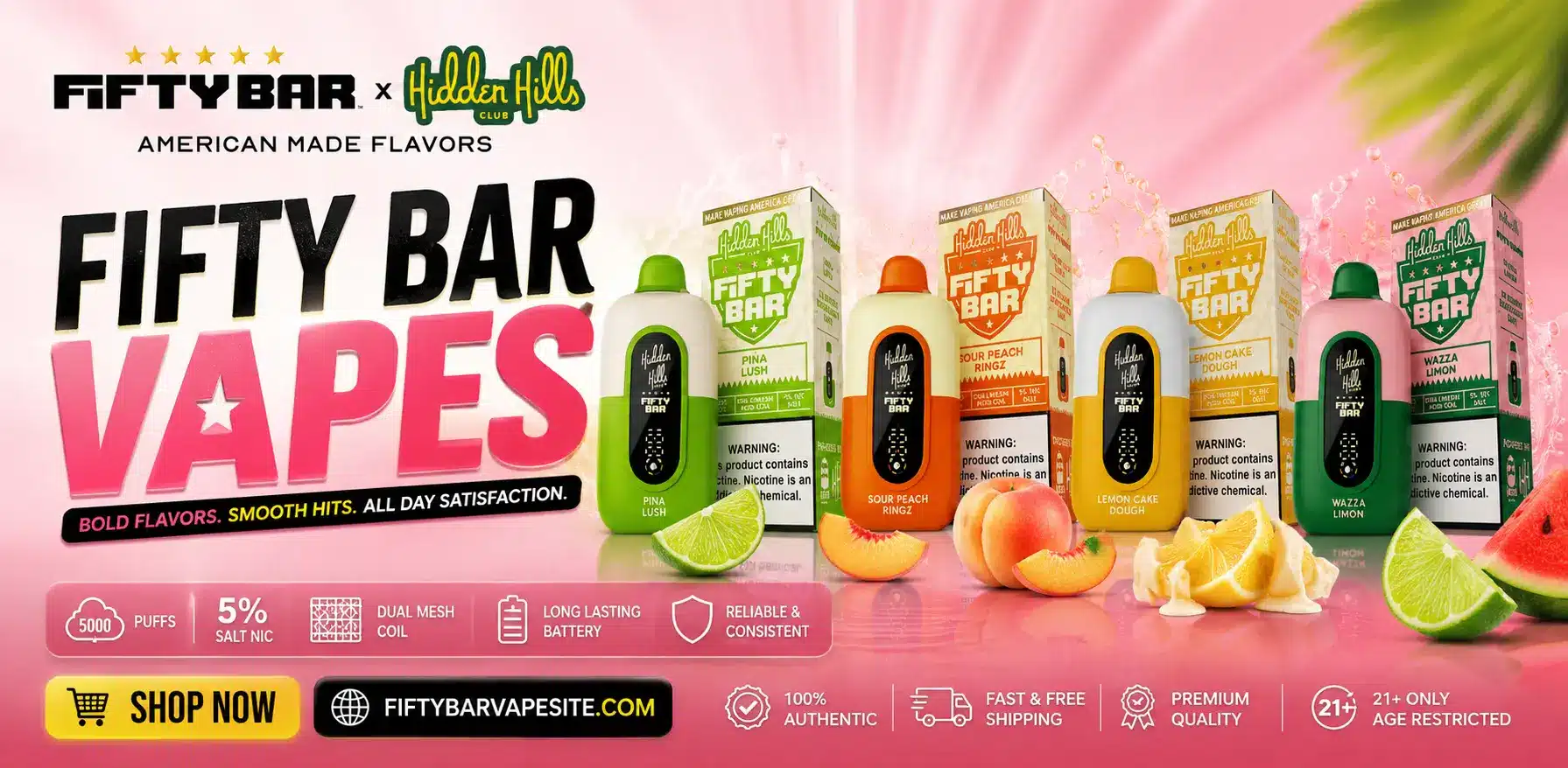 Fifty Bar Vapes collection featuring premium disposable vape devices in multiple flavors with sleek, modern designs, rechargeable batteries, high puff counts, and smooth nicotine salt performance for adult vape users.
