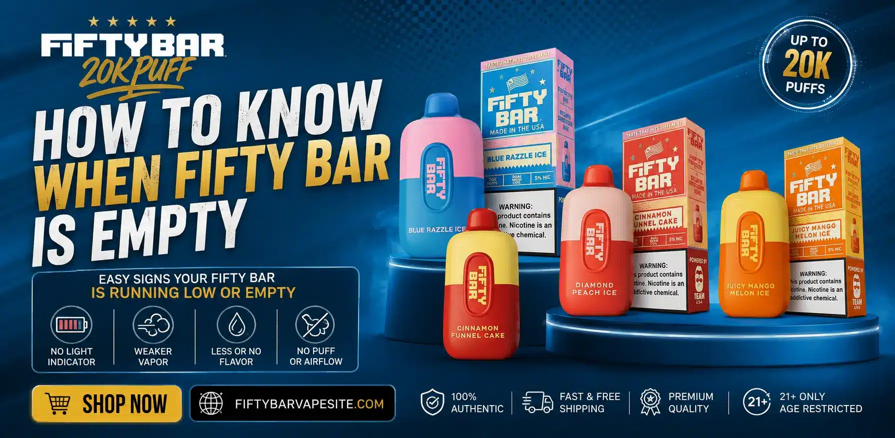 How to Know When Fifty Bar Is Empty – Close-up of a Fifty Bar disposable vape showing low e-liquid indicators, reduced vapor production, blinking battery light, and other signs that the device is empty and ready for replacement.