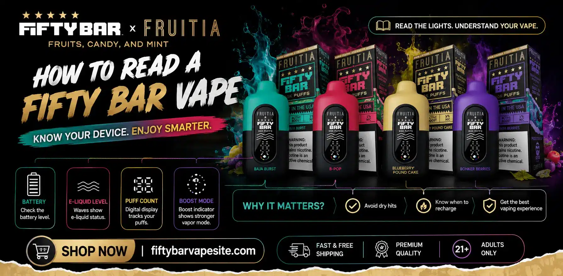 How to read a Fifty Bar vape device showing puff count and battery indicator