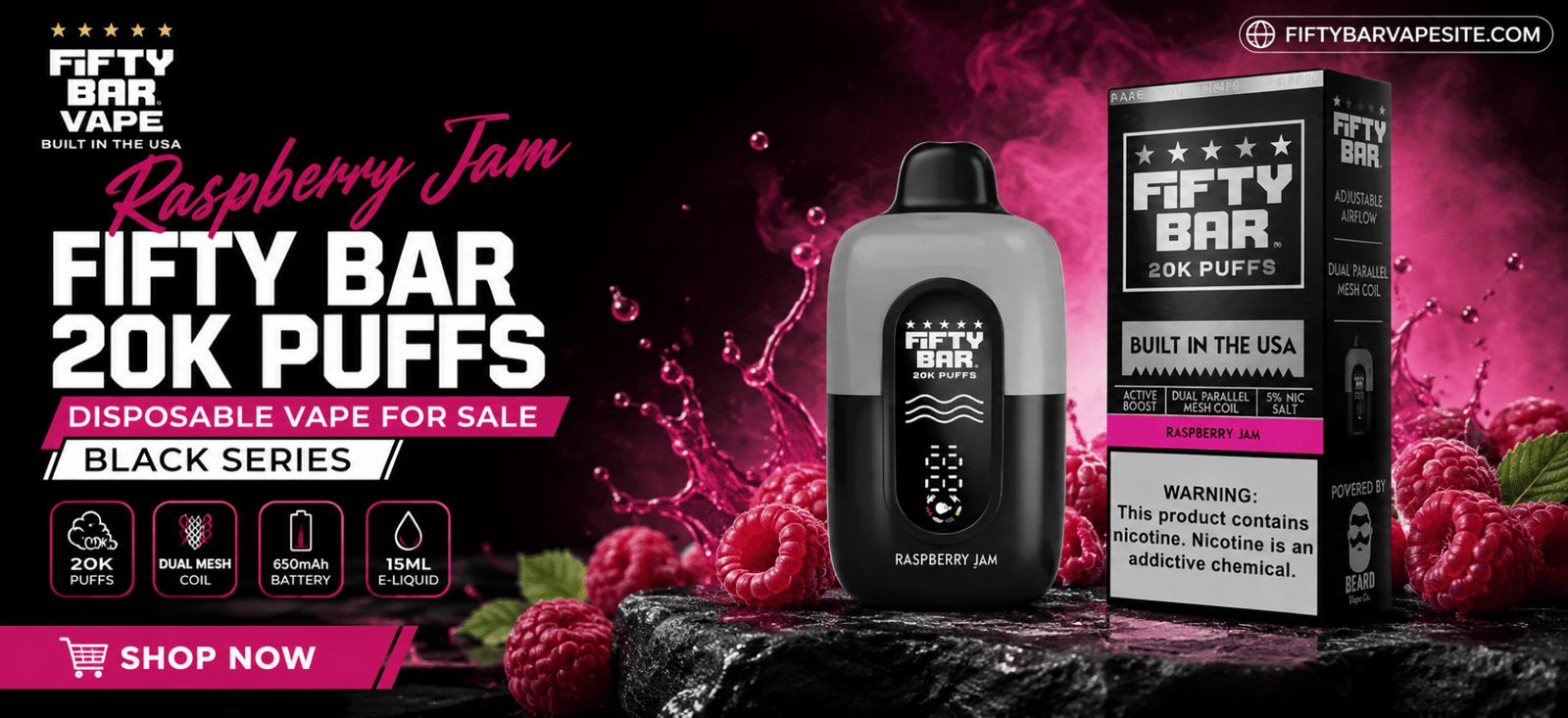 Raspberry Jam Fifty Bar 20K Puffs disposable vape in Black Series packaging with a raspberry-themed background.