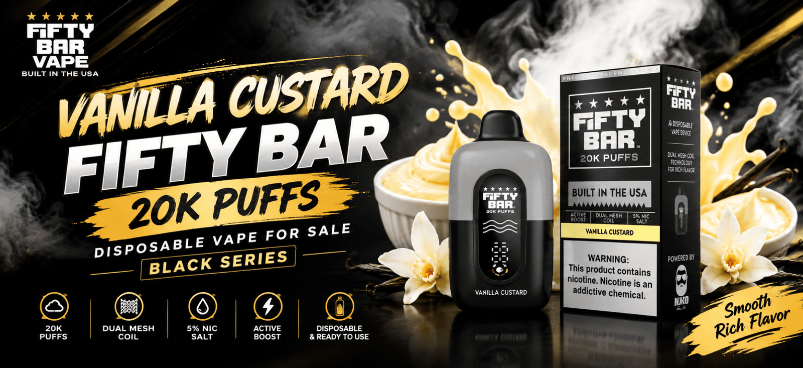 Vanilla Custard Fifty Bar 20K Puffs disposable vape in Black Series design featuring a sleek finish, high puff capacity, rechargeable battery, and modern display