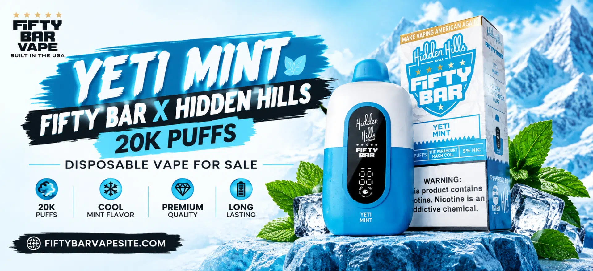 Yeti Mint Fifty Bar X Hidden Hills 20K Puffs disposable vape featuring a cool mint flavor design