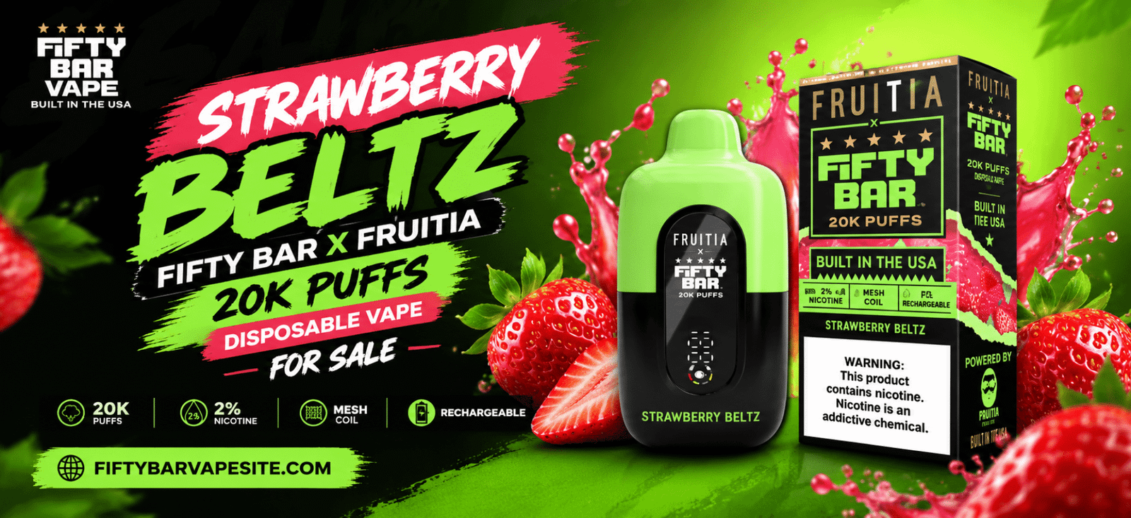 Fifty Bar x Fruitia Strawberry Beltz 20K puffs disposable vape with retail box, featuring 2% nicotine, mesh coil and rechargeable battery
