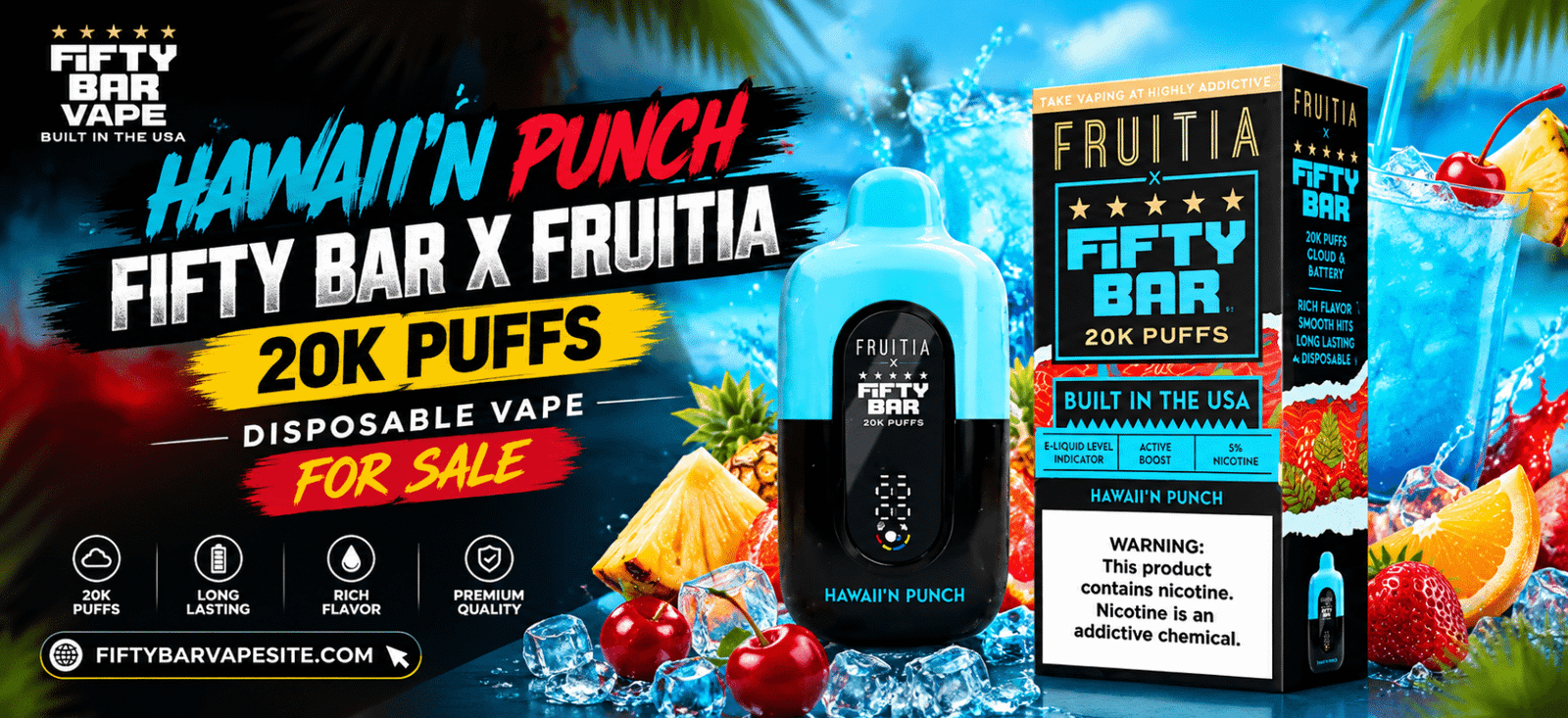 Hawaii’n Punch Fifty Bar X Fruitia 20K Puffs disposable vape product with matching packaging
